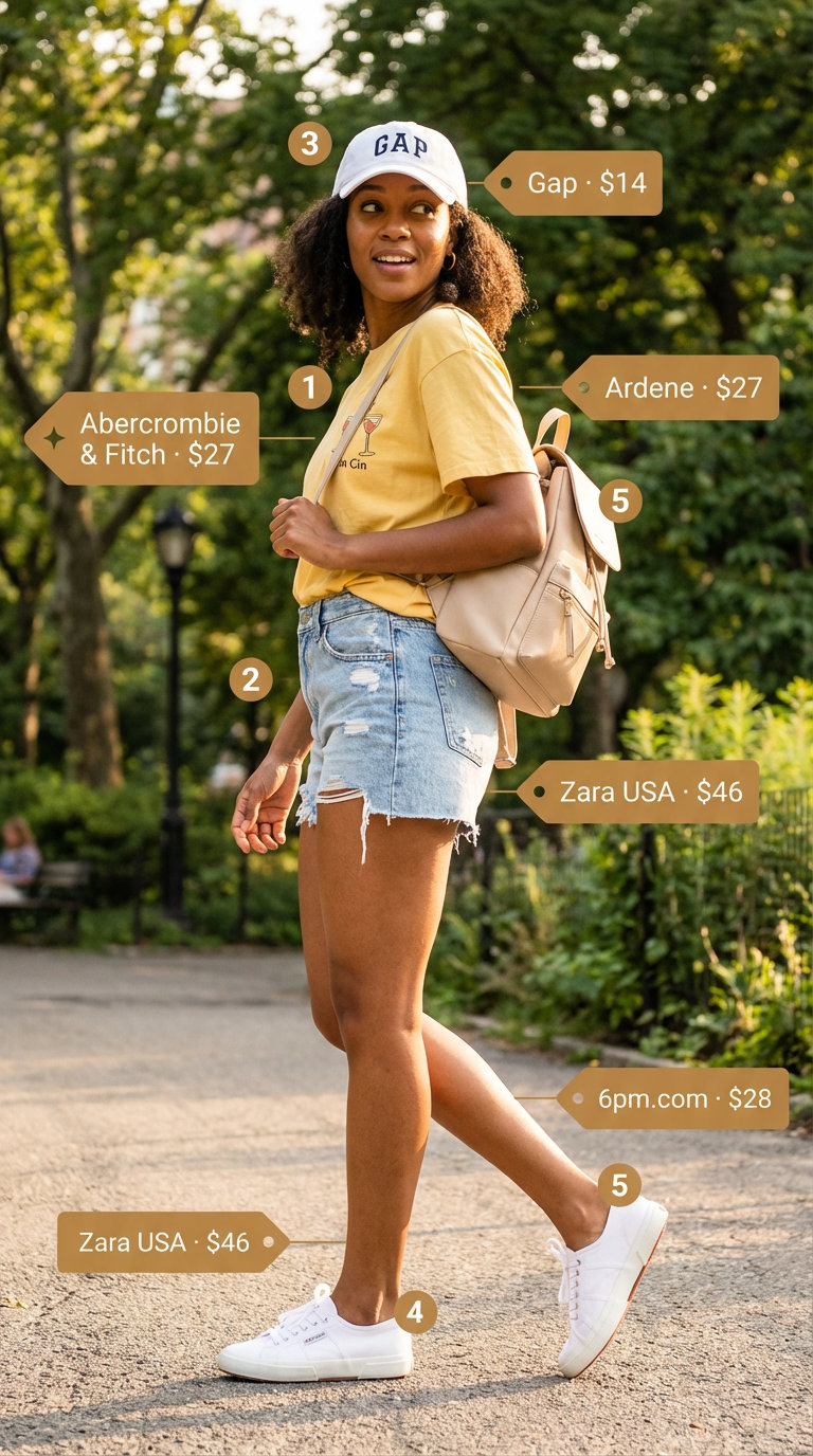 Playful Park Day: Trendy Summer Outfits for Women 2026 Playful park day outfit featuring a bright yellow oversized graphic t-shirt, light wash distressed denim shorts, white canvas sneakers, a cream mini backpack, and a white baseball cap. This is a trendy summer outfit for women 2026.
