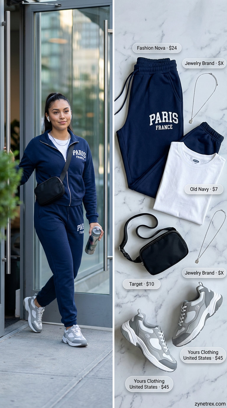 Sporty Chic Day: Trendy Summer Matching Sets 2026 Sporty chic day outfit featuring a navy graphic two-piece matching set (oversized sweatshirt and joggers), a basic white crew neck t-shirt, chunky sole fashion sneakers, and a black nylon belt bag worn cross-body. A comfortable yet trendy summer outfit for women 2026 for active days.
