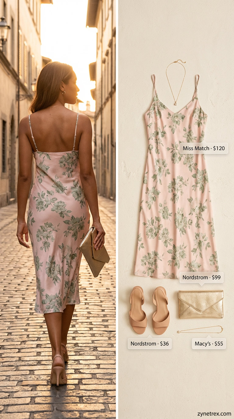 Sunset Soiree Slip Dress: Trendy Summer Evening 2026 Sunset soiree slip dress—a blush pink floral print silk charmeuse midi slip dress, styled with nude strappy block heel sandals, a gold metallic mini clutch, and a delicate gold pendant necklace, ideal for trendy summer outfits for women 2026 for an evening event.