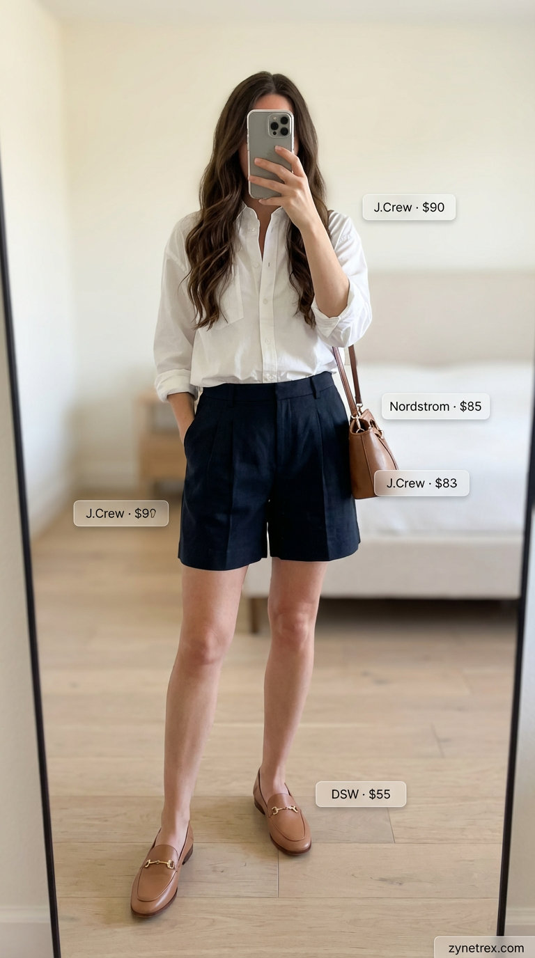 Summer Sophisticate: Trendy Chic Outfits 2026 A polished summer outfit featuring navy linen blend tailored shorts, an oversized white button-down, and tan leather loafers, perfect for trendy summer outfits for women 2026.