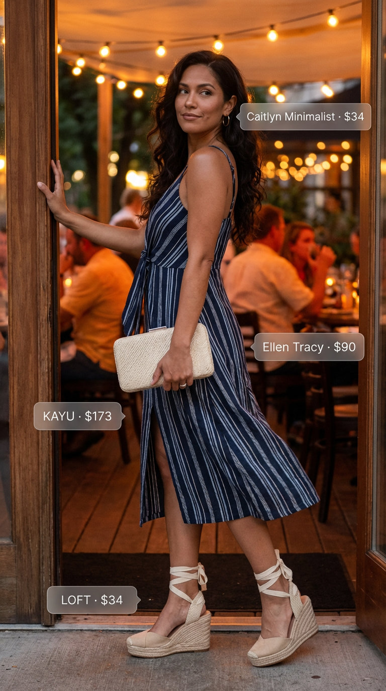 Coastal Evening Breeze: Trendy Summer Outfit 2026 Sophisticated navy and white striped linen blend midi dress with a tie waist, gold hoop earrings, a straw clutch, and espadrille wedge sandals, perfect for trendy summer outfits for women 2026 for a resort dinner or date night.