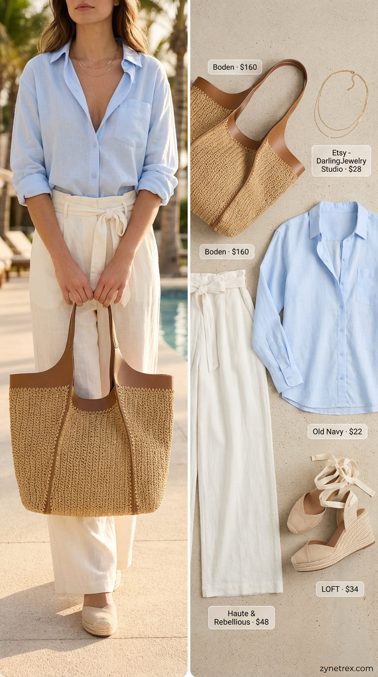 Coastal Grandeur: Trendy Summer Style 2026 Relaxed yet elegant 'Coastal Grandeur' outfit featuring white high-waisted wide-leg linen pants, a sky blue chambray shirt worn open, espadrille wedge sandals, a straw tote bag, and a delicate gold necklace, embodying trendy summer outfits for women 2026 for a beach vacation or summer brunch.