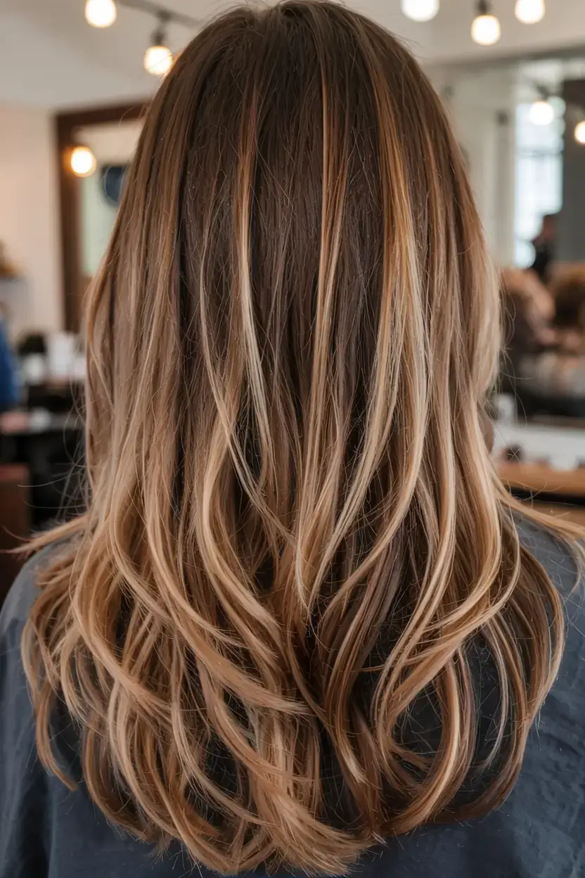 warm spring caramel hair color 2026 Long Layered Caramel Highlights with Sunlit Movement