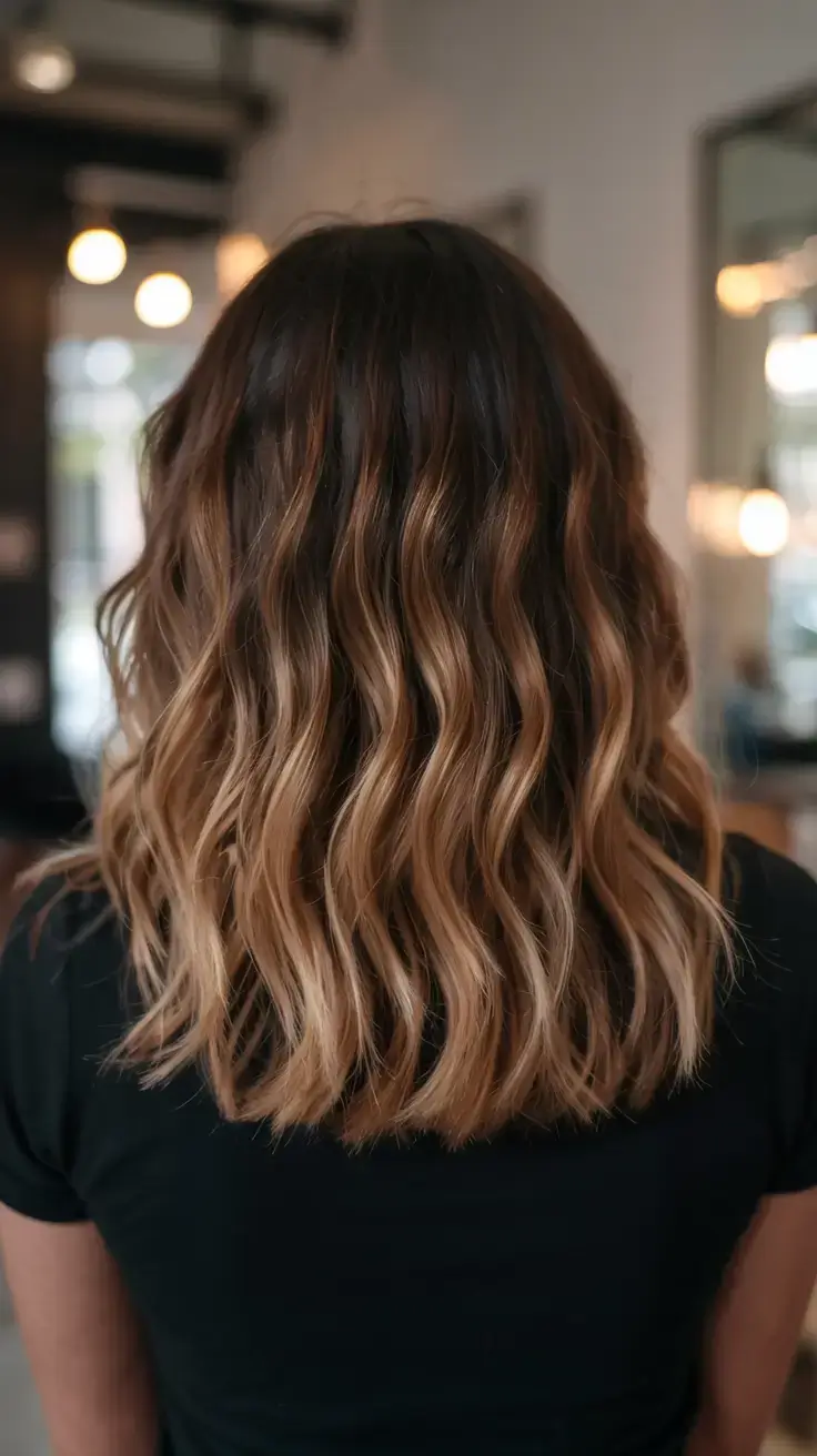 warm spring caramel hair color 2026 Soft Caramel Fade on Relaxed Shoulder-Length Waves