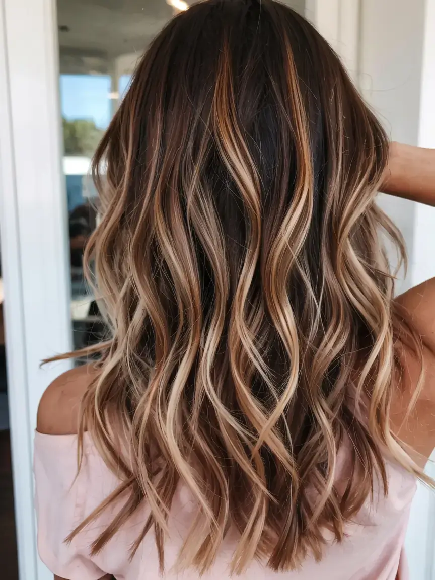 warm spring caramel hair color 2026 Dimensional Caramel Ribbons on Long Textured Layers