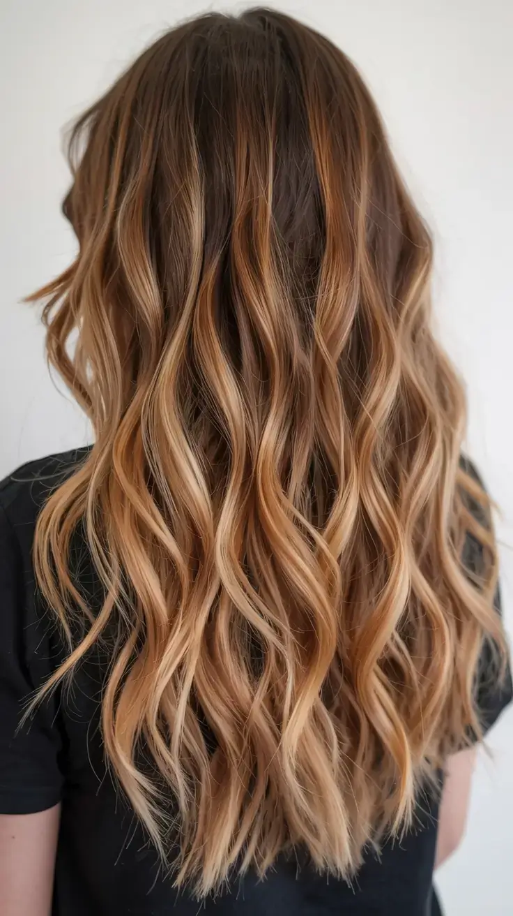 warm spring caramel hair color 2026 Golden Caramel Melt on Long Spring Waves