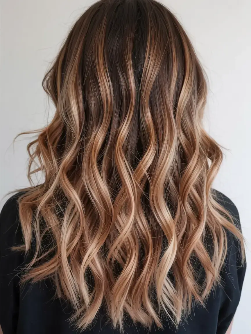warm spring caramel hair color 2026 Golden Caramel Waves with Natural Root Depth