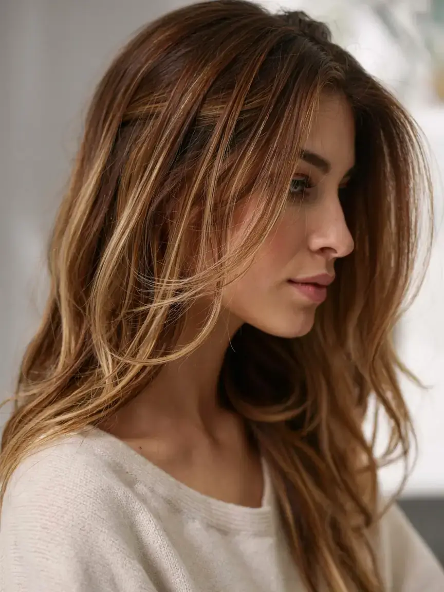 warm spring caramel hair color 2026 Warm Caramel Layers with Sunlit Dimension
