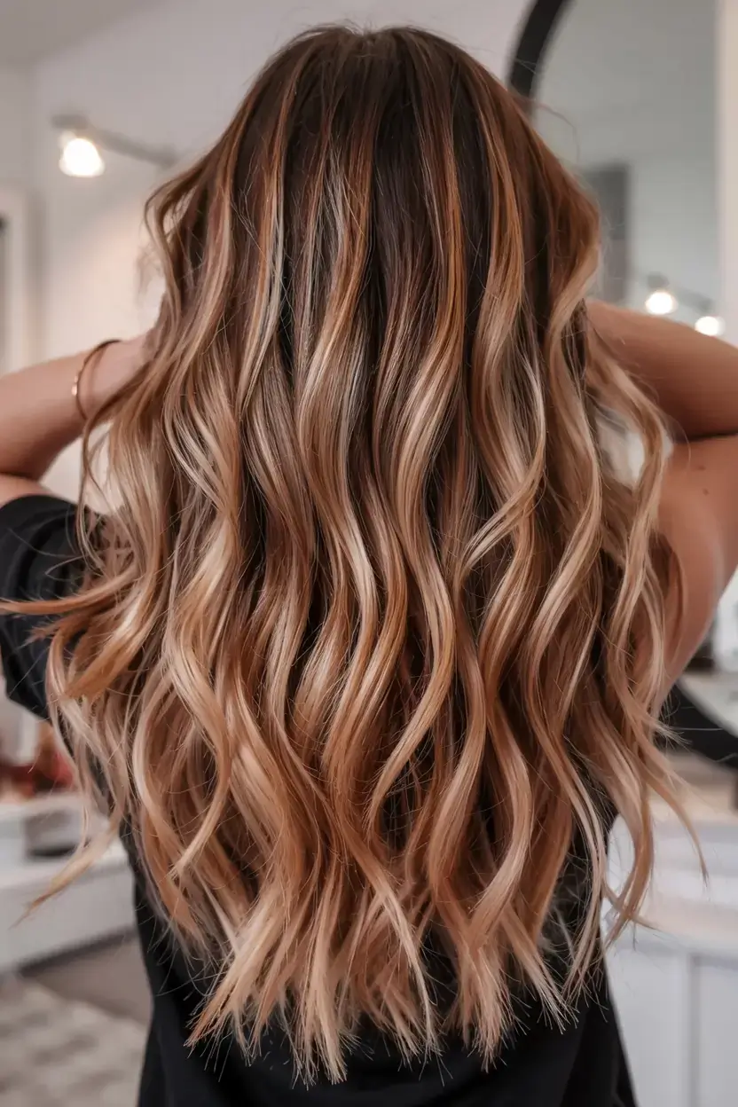 warm spring caramel hair color 2026 Flowing Caramel Balayage with Sunlit Movement