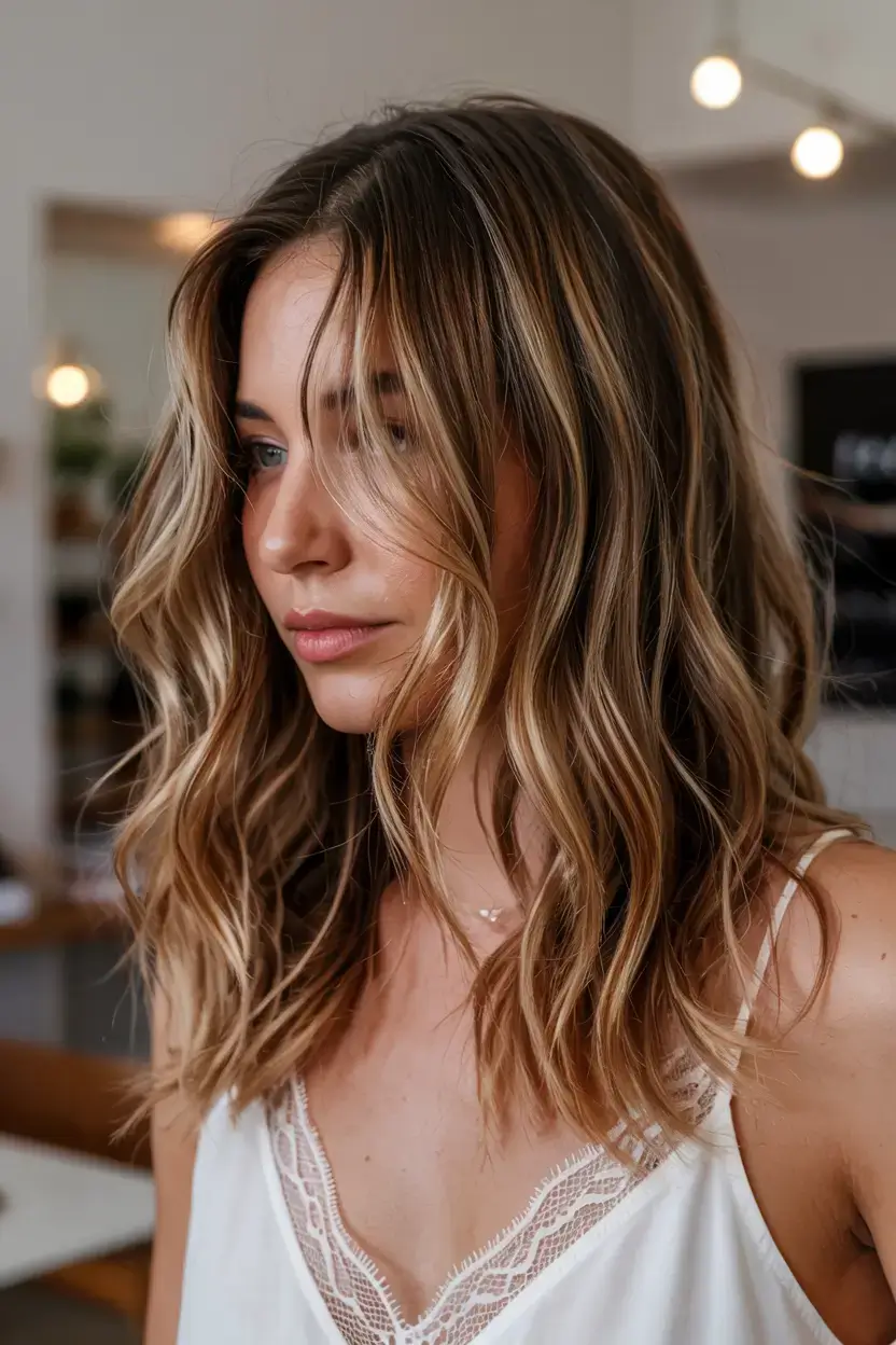 warm spring caramel hair color 2026 Soft Caramel Lob with Beachy Texture