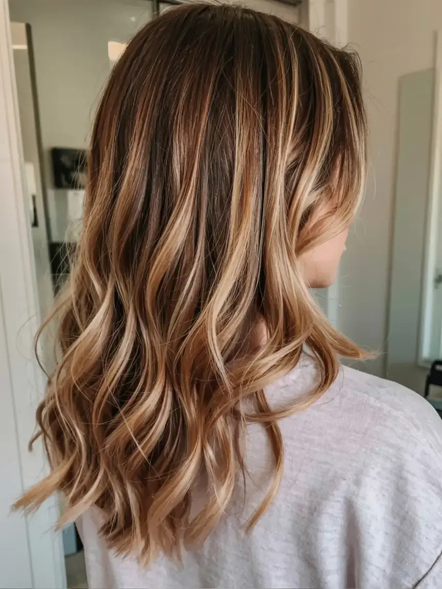 warm spring caramel hair color 2026 Golden Caramel Waves with Natural Dimension