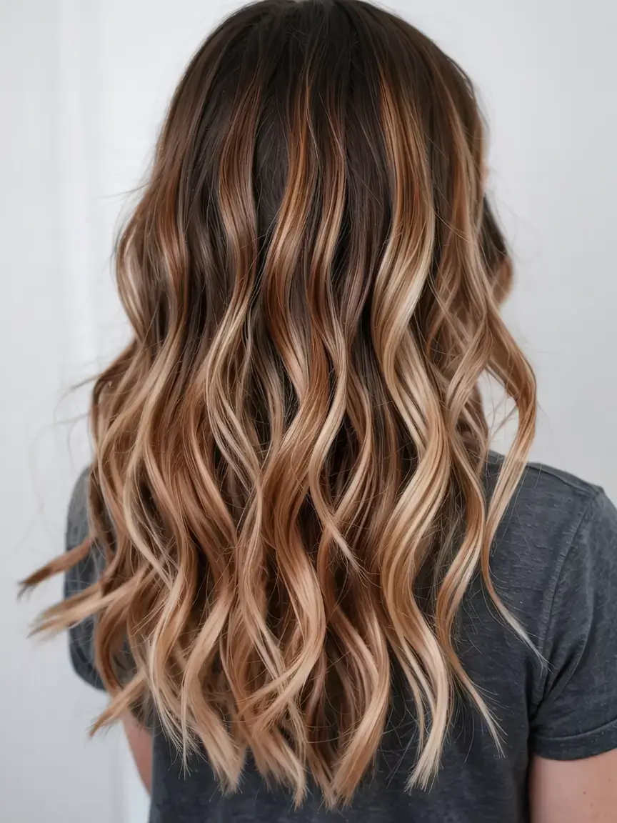 warm spring caramel hair color 2026 Flowing Caramel Melt on Soft Spring Waves