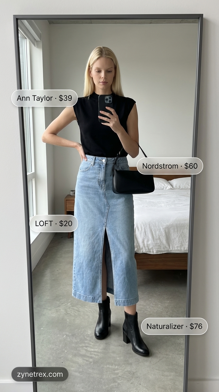 Modern Art Gallery Style: Women Midsize Outfits Summer 2026 Modern A-line denim midi skirt with front slit for women midsize outfits summer 2026, paired with a black mock neck top, ankle boots, and a structured bag.
