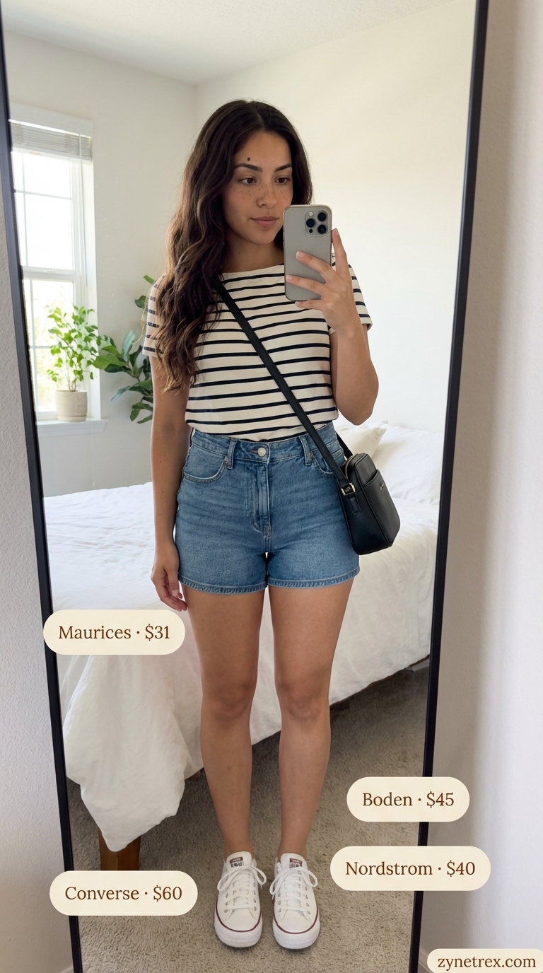 Casual Cool Getaway: Women Midsize Outfits Summer 2026 Comfortable medium wash denim shorts and a striped boat neck t-shirt for women midsize outfits summer 2026, with white sneakers and a navy crossbody bag.