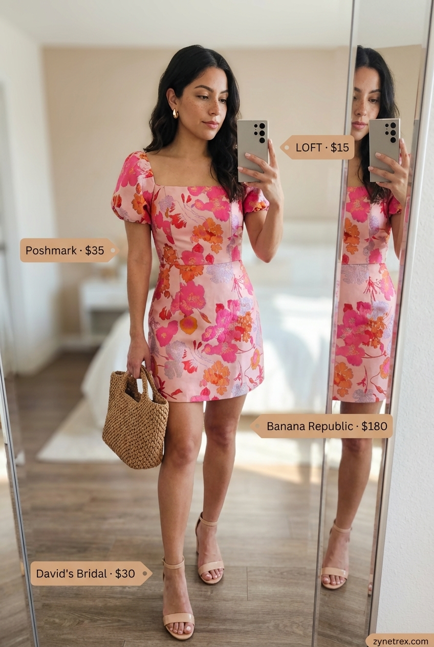 Vibrant Garden Party Look: Women Midsize Outfits Summer 2026 Cheerful hot pink and orange floral print mini dress for women midsize outfits summer 2026, paired with nude block heel sandals and a raffia top-handle bag.