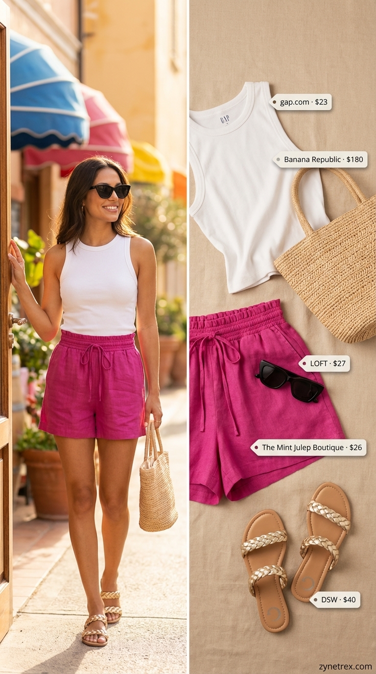 Vibrant Vacation Ready: Women Midsize Outfits Summer 2026 Vibrant fuchsia high-waisted linen shorts for women midsize outfits summer 2026, styled with a white tank top, gold slide sandals, and a woven straw tote.