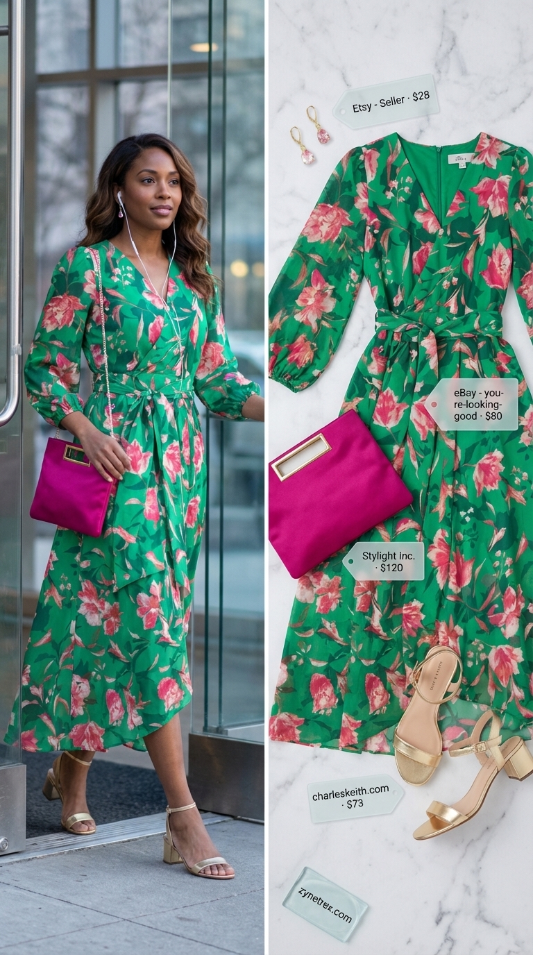 Garden Party Glamour: Women Midsize Outfits Summer 2026 Elegant emerald green floral print midi wrap dress for women midsize outfits summer 2026 garden party, styled with gold strappy sandals and a pink satin clutch.