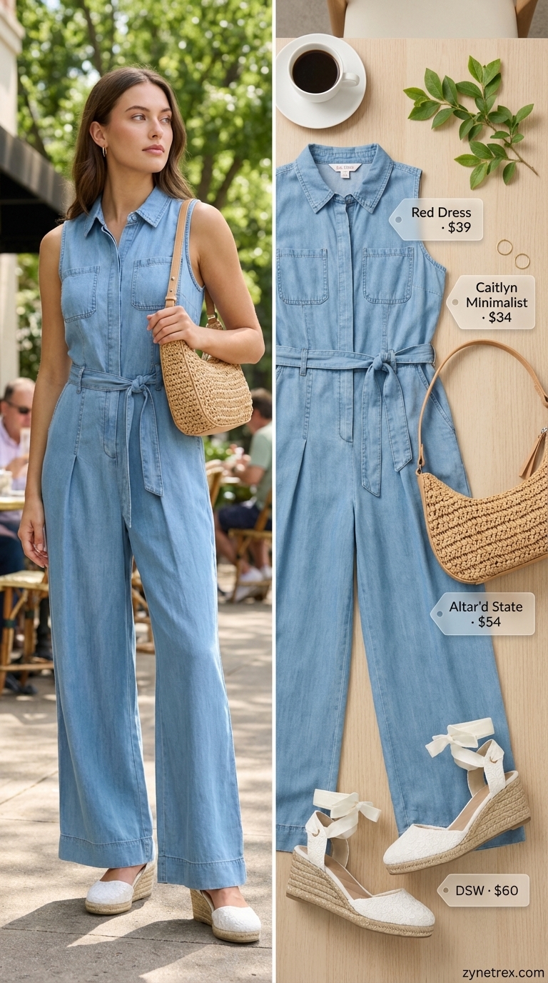 Effortless Summer Brunch: Women Midsize Outfits Summer 2026 Light blue denim chambray wide-leg jumpsuit for women midsize outfits summer 2026, styled with espadrille wedges, a woven bag, and gold hoop earrings.