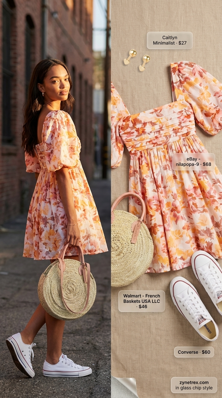 Playful Picnic Perfection: Women Midsize Outfits Summer 2026 Playful multi-color abstract print mini shift dress for women midsize outfits summer 2026, paired with white sneakers, a straw basket bag, and gold stud earrings.