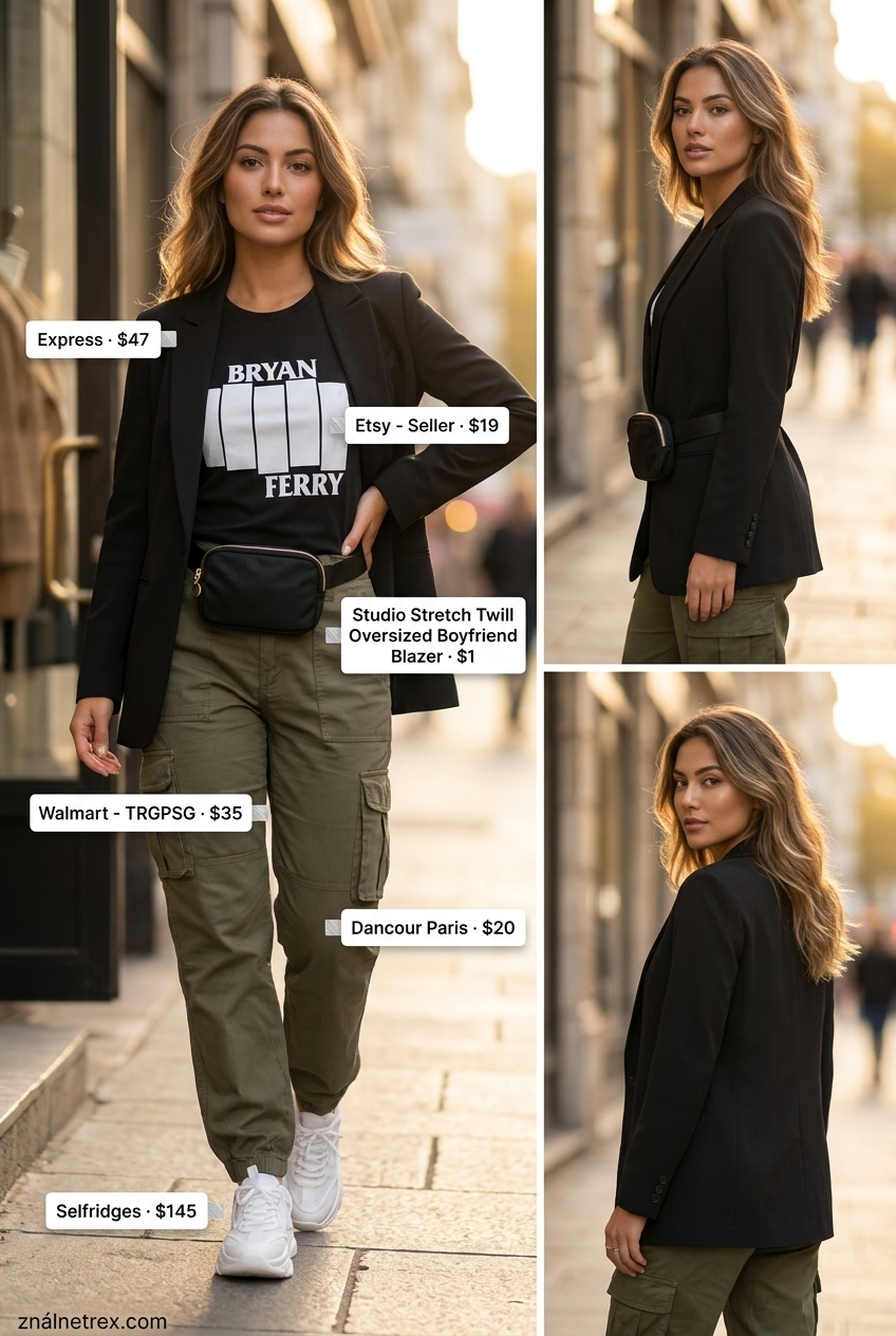 Casual summer blazer outfits for women 2026: Khaki cargo pants with graphic tee and sneakers, no blazer.