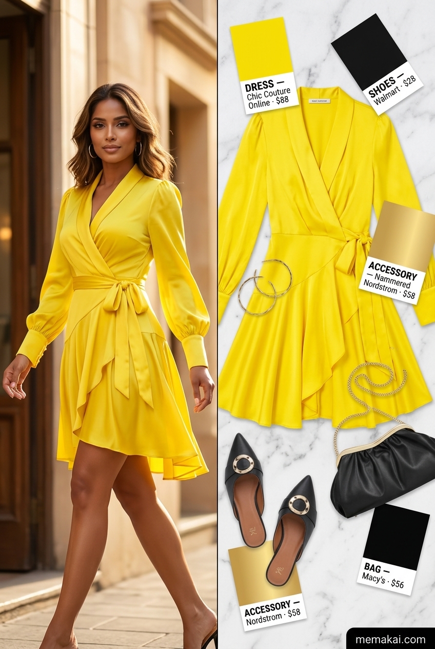 Citrus yellow wrap dress outfit for summer evening event, not a high waist wide leg pants outfit.