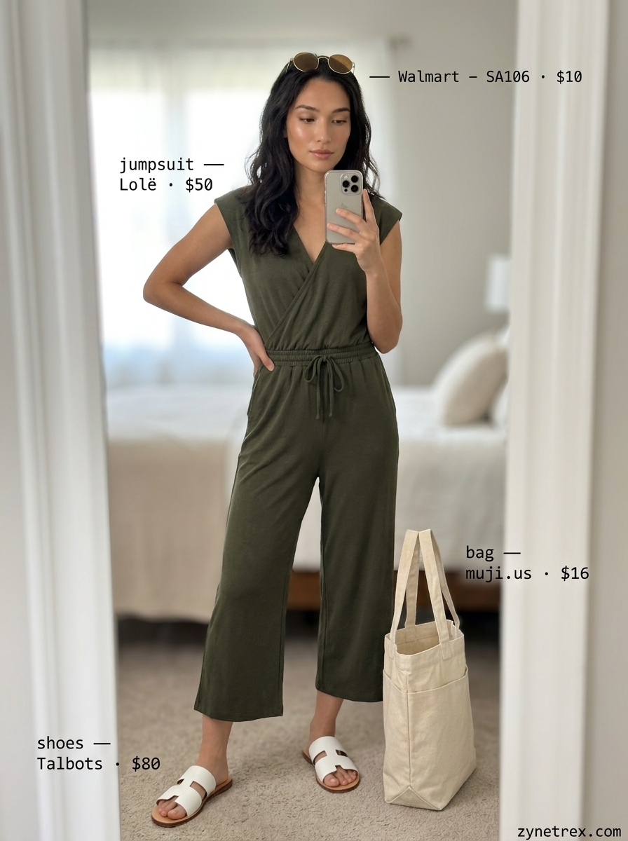 Dressy summer jumpsuit outfits for women 2026: Sky blue romper, flat sandals, canvas tote for beach.