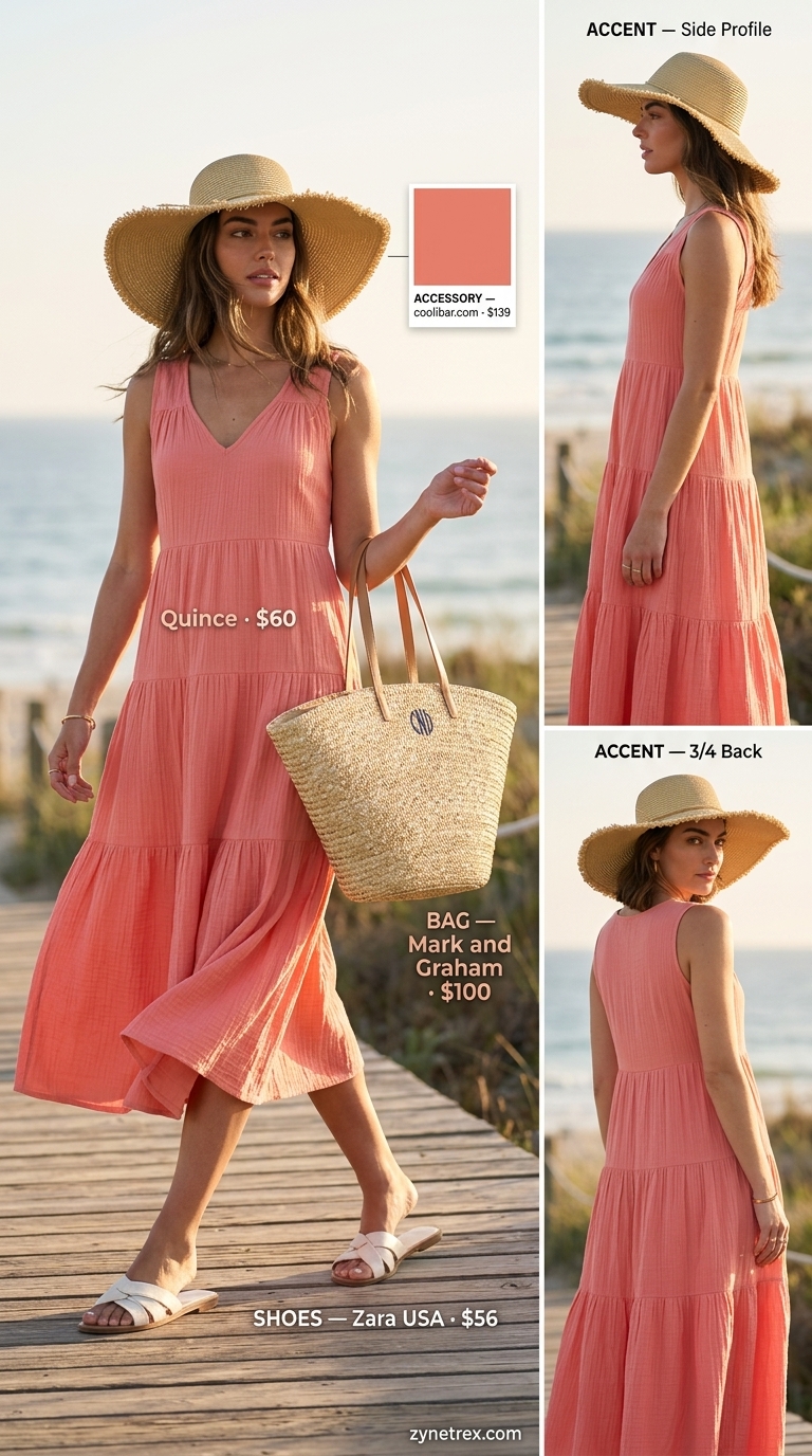Coral maxi dress outfit for beach vacation with straw hat and tote, not a high waist wide leg pants outfit.