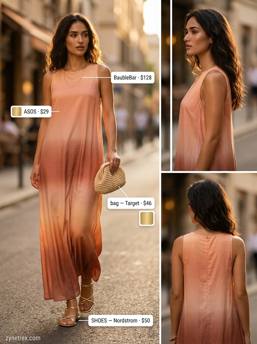 Peach to terracotta ombre maxi dress outfit for summer evening, not a high waist wide leg pants outfit.