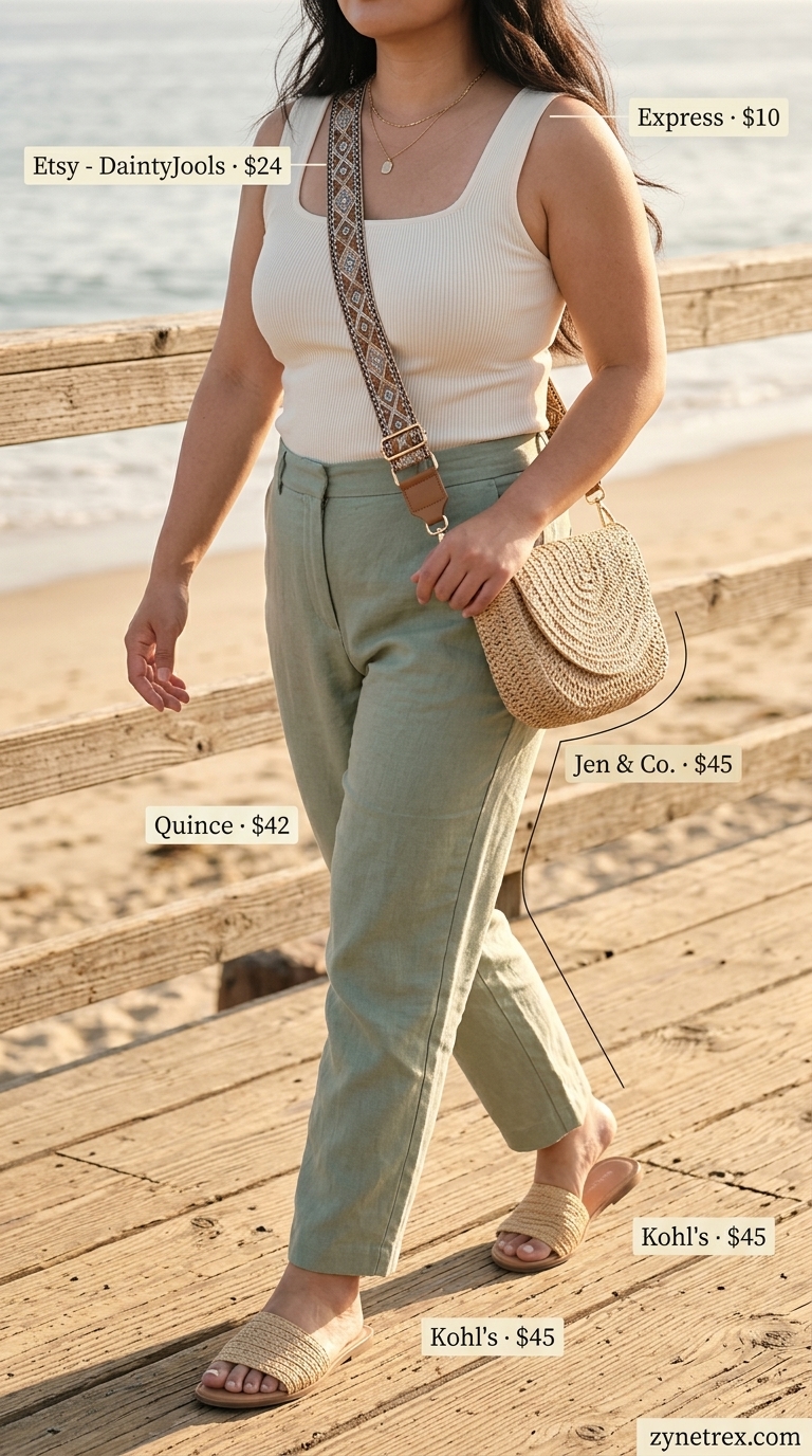 Trendy midsize outfits summer for women 2026: Sage green linen pants with cream tank for relaxed brunch.