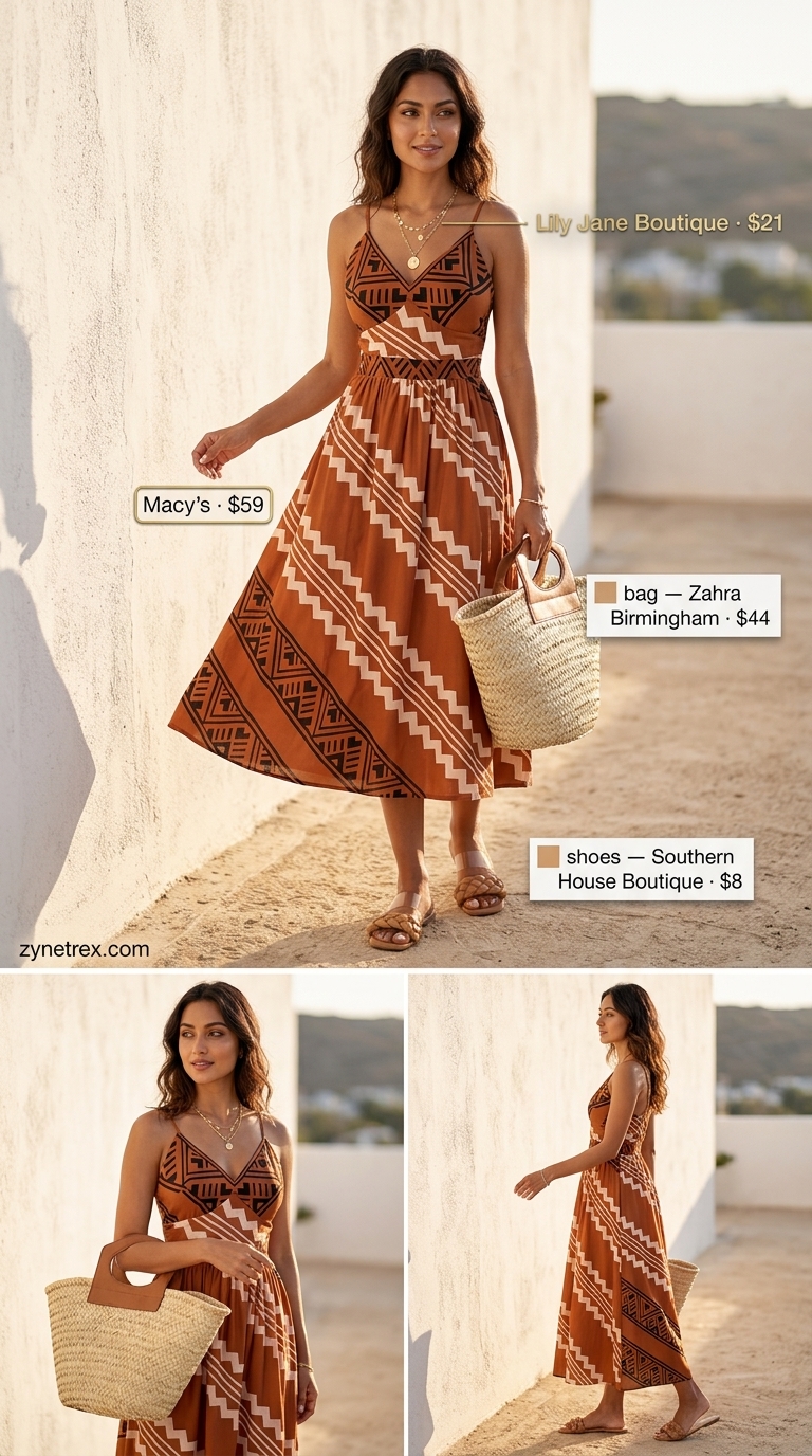 Terracotta print maxi dress, straw hat, gold necklace, and beige sandals: best summer must have outfits for women 2026.
