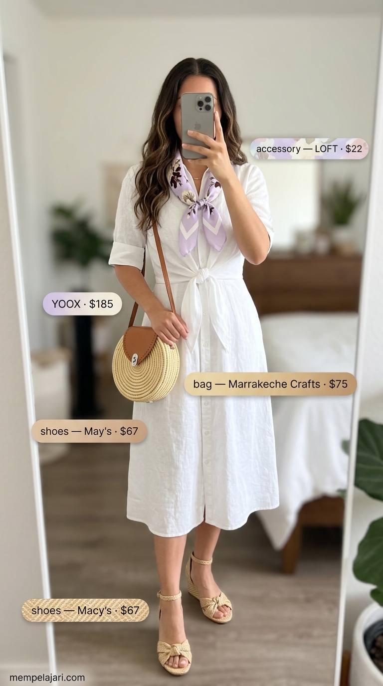 Brunch in Bloom outfit: White linen shirt dress, espadrilles & floral scarf. Best summer must have outfits for women 2026.