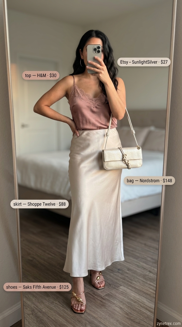 Champagne slip skirt, blush camisole, rose gold earrings, and metallic heels: best summer must have outfits for women 2026.
