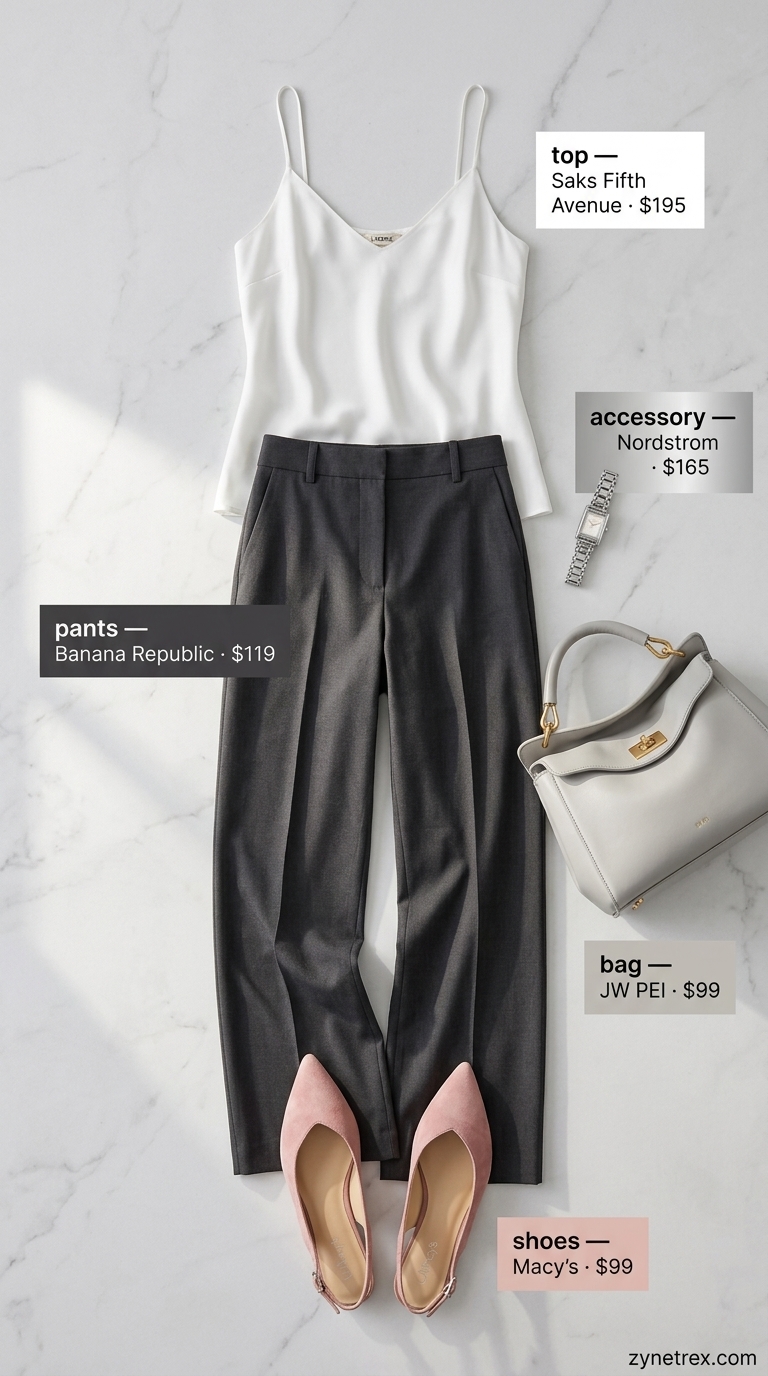 Charcoal trousers, silk blouse, blush flats, and gray bag: best summer must have outfits for women 2026.