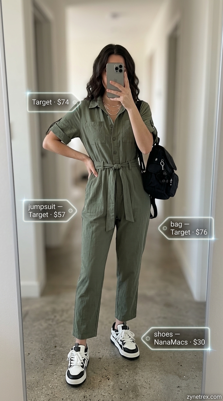 Olive green utility romper with chunky sneakers and silver necklaces, a must-have for best summer must have outfits for women 2026.