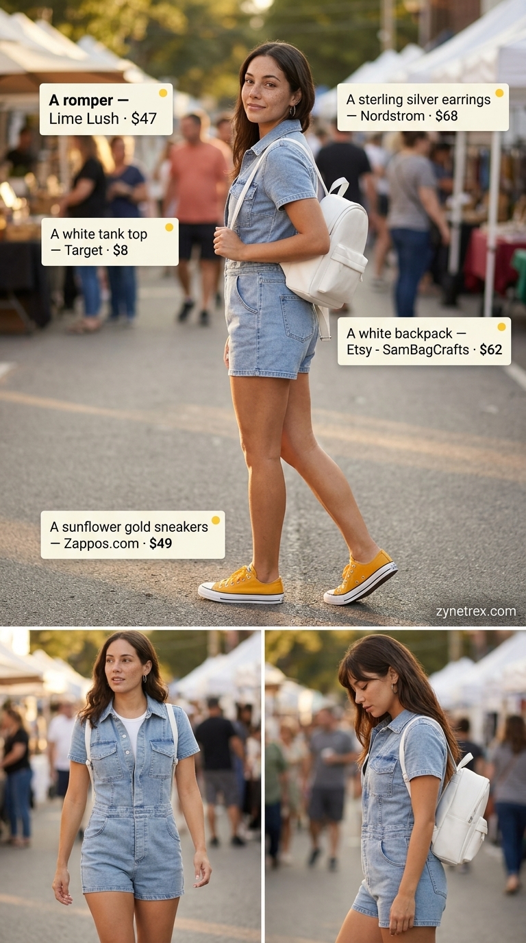 Light wash denim romper, white tank, yellow sneakers, and silver hoops: best summer must have outfits for women 2026.