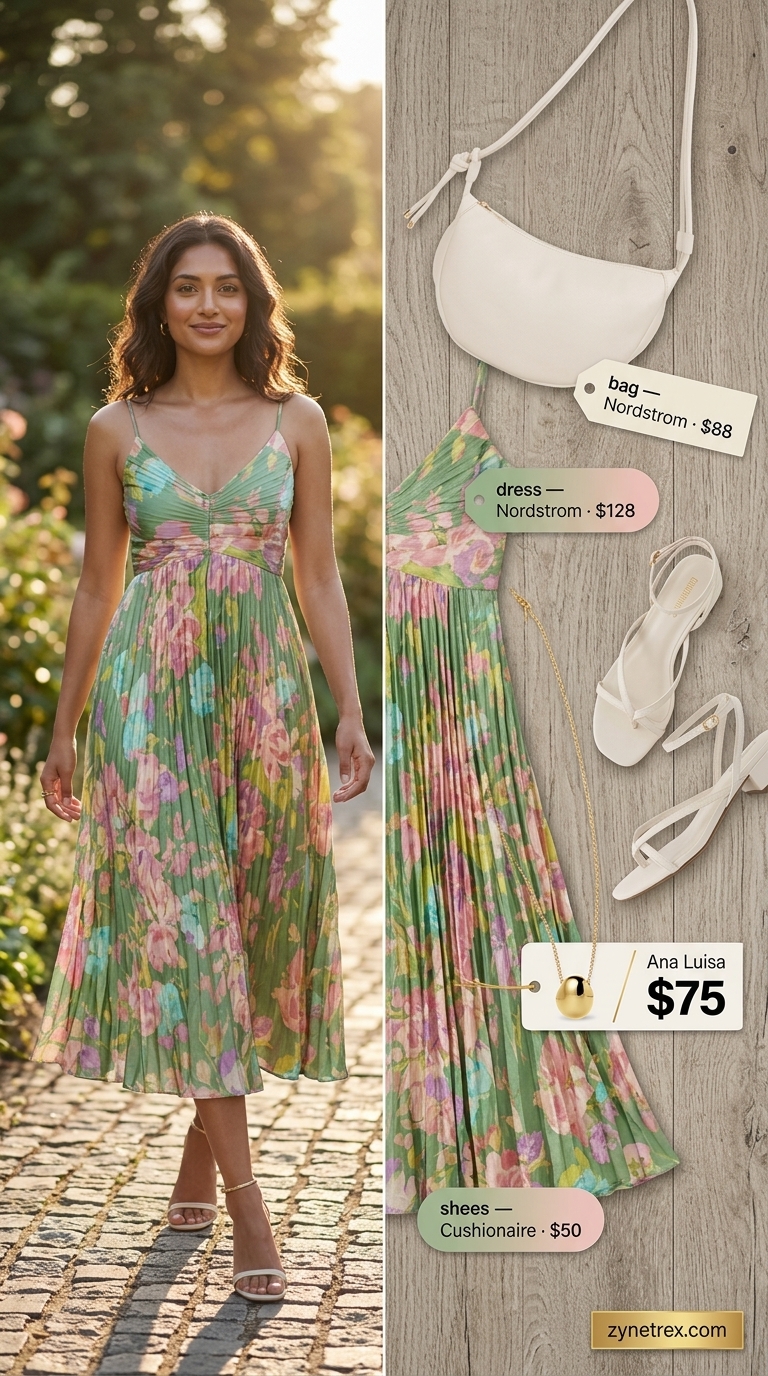 Garden Party Whimsy outfit: Pink floral midi dress, block heels & mini bag. Best summer must have outfits for women 2026.