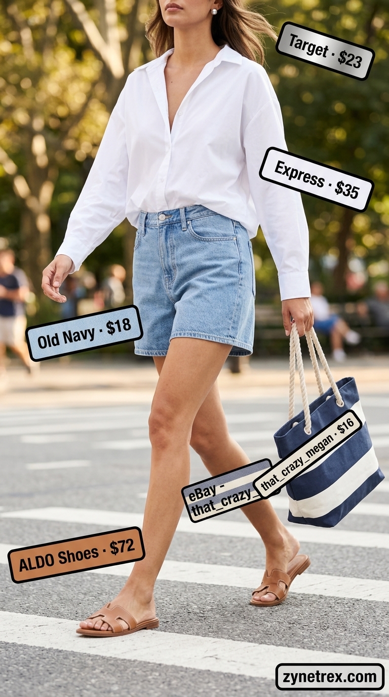 Light wash denim shorts with an oversized white shirt and tan sandals, a casual option for best summer must have outfits for women 2026.