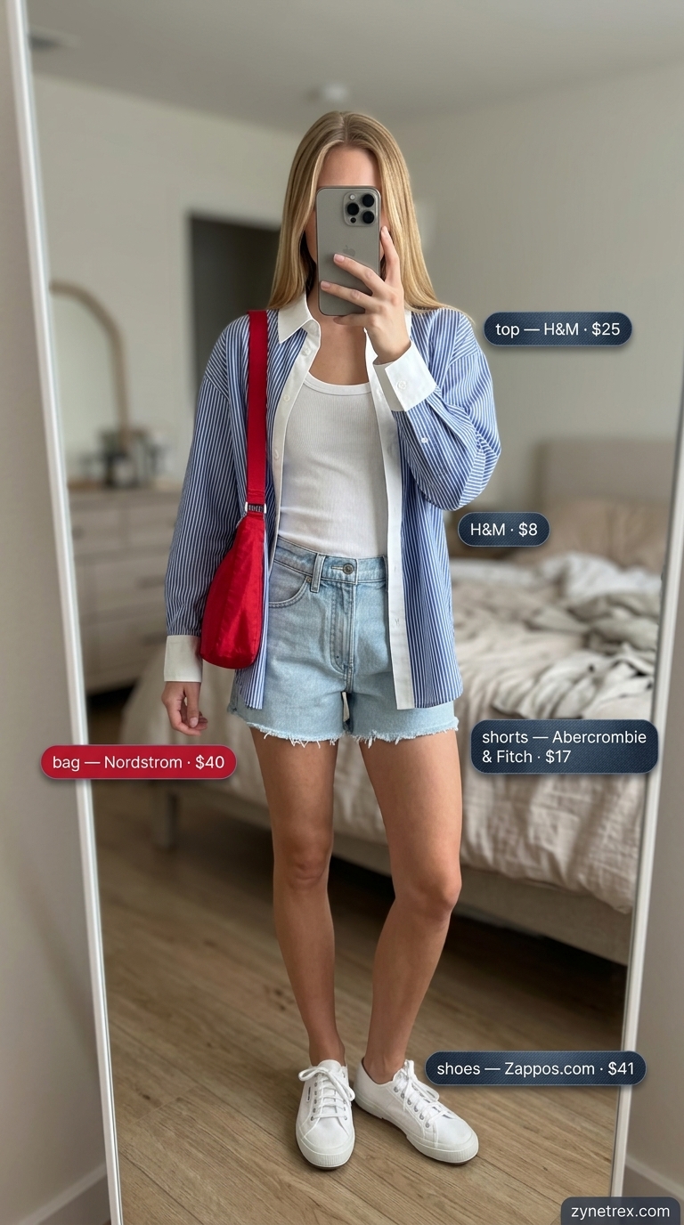 Light wash denim shorts with a striped shirt and red crossbody bag, part of best summer must have outfits for women 2026.