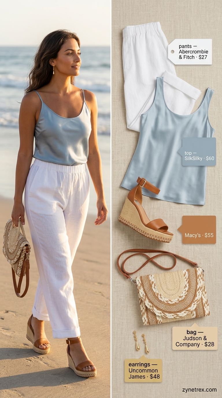 White linen pants, sky blue camisole, gold earrings, and espadrille wedges: best summer must have outfits for women 2026.