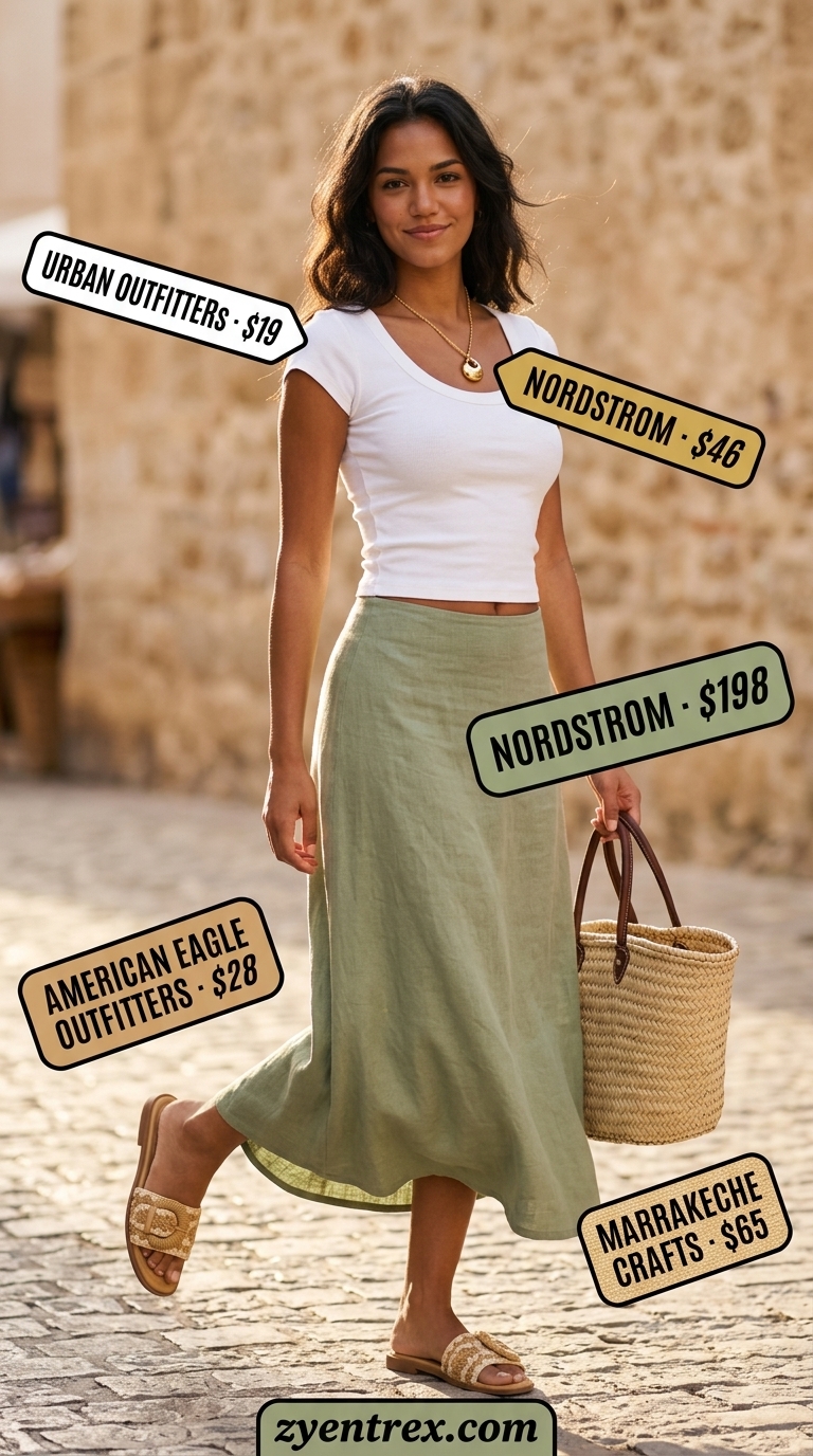 Sage green linen skirt, white crop top, gold necklace, and raffia sandals: best summer must have outfits for women 2026.
