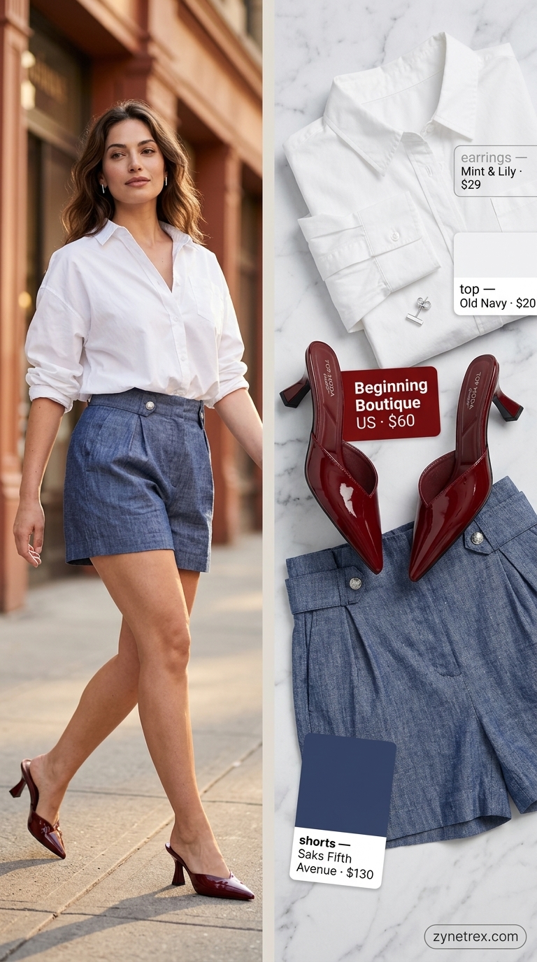 Navy shorts, white shirt, red mules, and silver earrings: best summer must have outfits for women 2026.