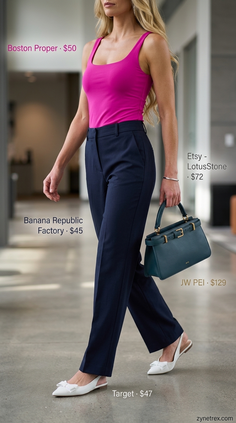 Polished Summer Pop: Fuchsia top, navy trousers & slingbacks. Best summer must have outfits for women 2026.