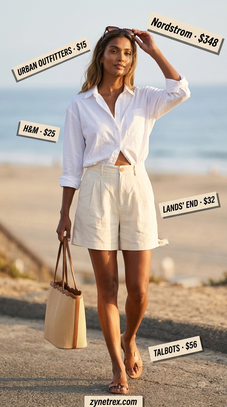 Resort Ready Retreat: Beige linen shorts, oversized shirt & raffia tote. Best summer must have outfits for women 2026.