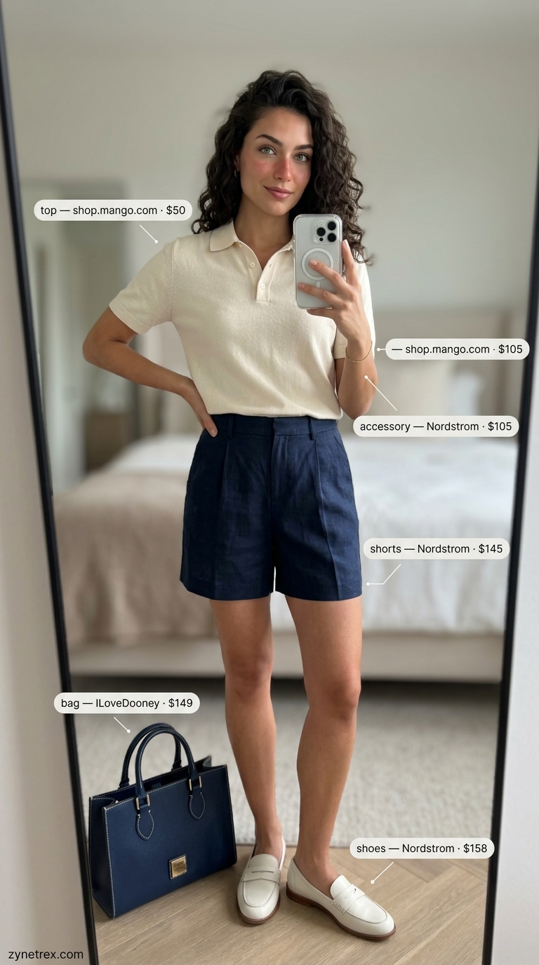 Riviera Ready outfit: Navy Bermuda shorts, cream polo & loafers. Best summer must have outfits for women 2026.