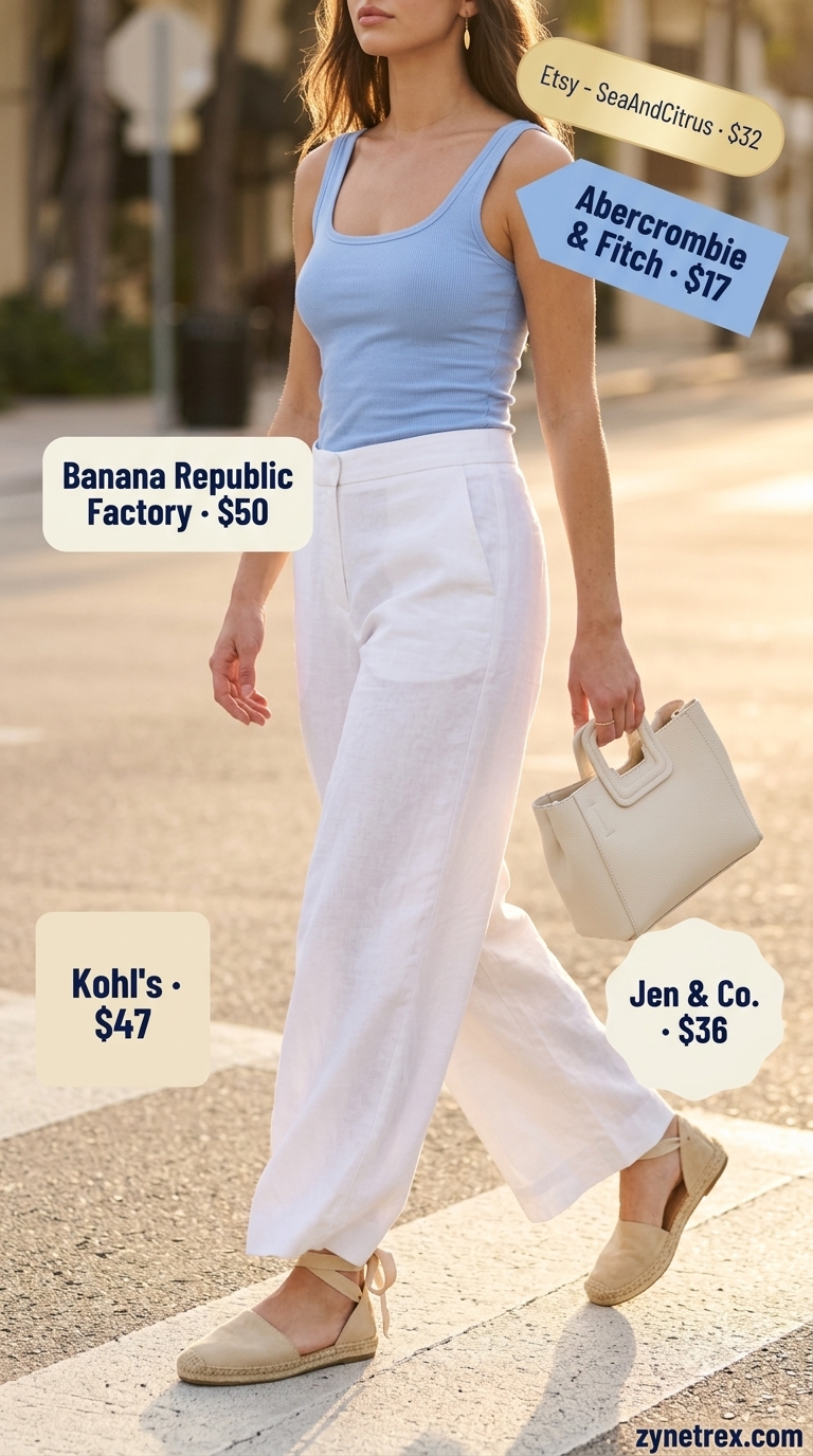 Ivory linen pants with a soft blue camisole and espadrilles, elegant for best summer must have outfits for women 2026.
