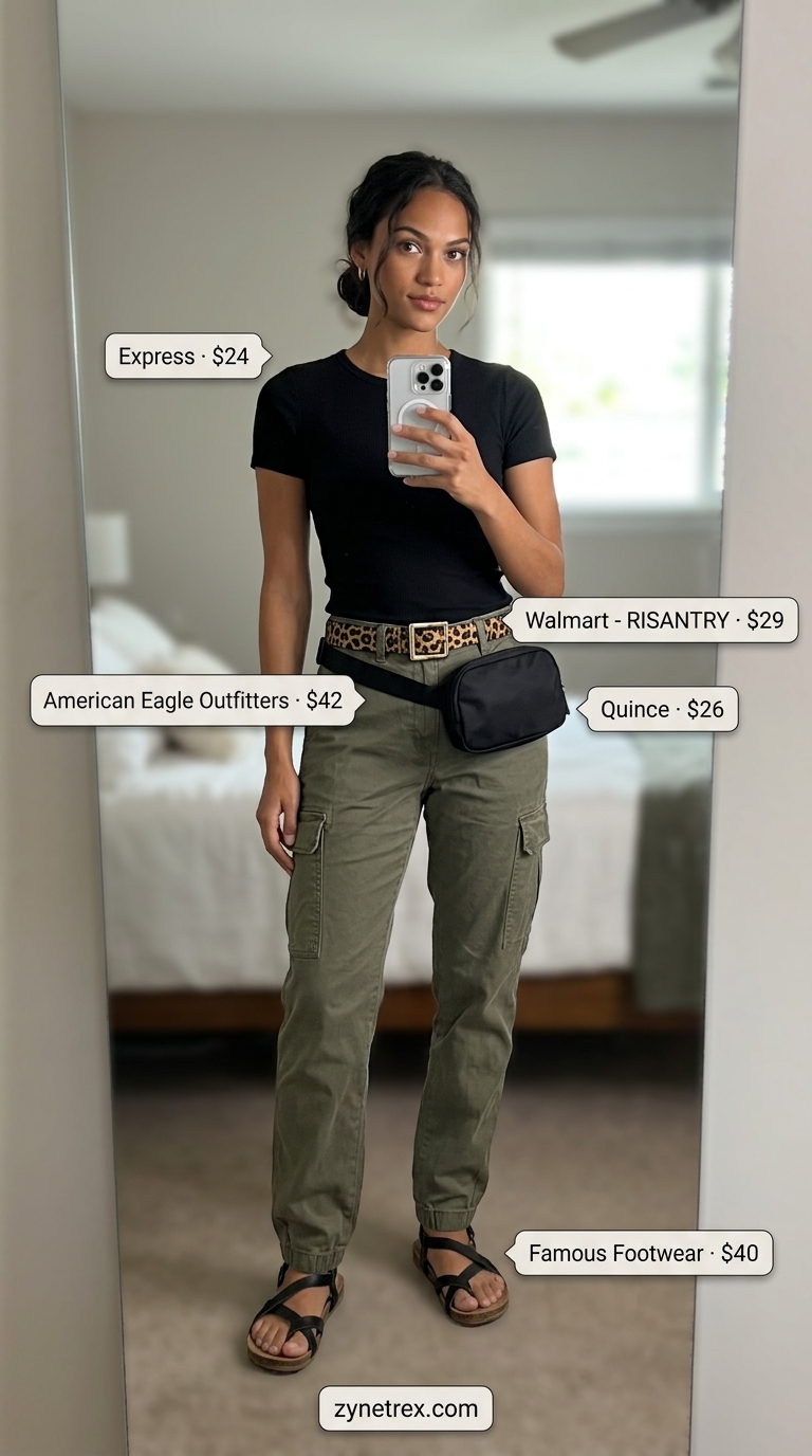 Safari Chic outfit: Khaki cargo pants, black tee, animal print belt & fanny pack. Best summer must have outfits for women 2026.