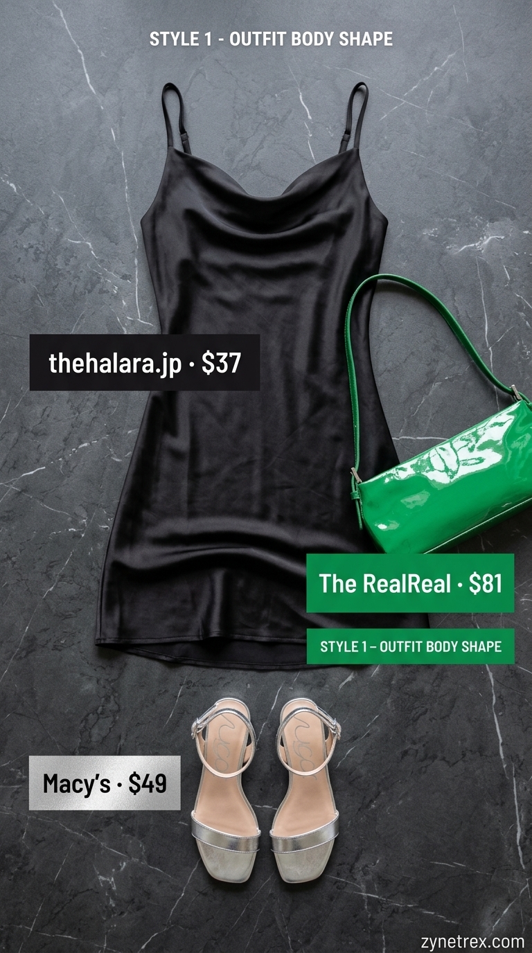 Black slip dress, silver sandals, statement earrings, and emerald bag: best summer must have outfits for women 2026.