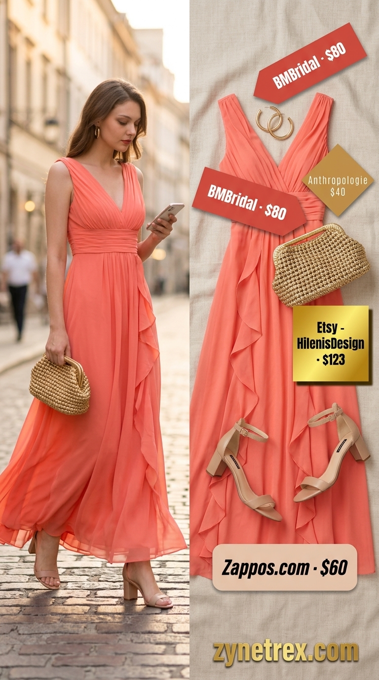 Vibrant coral chiffon maxi dress for summer events, a key piece in best summer must have outfits for women 2026.