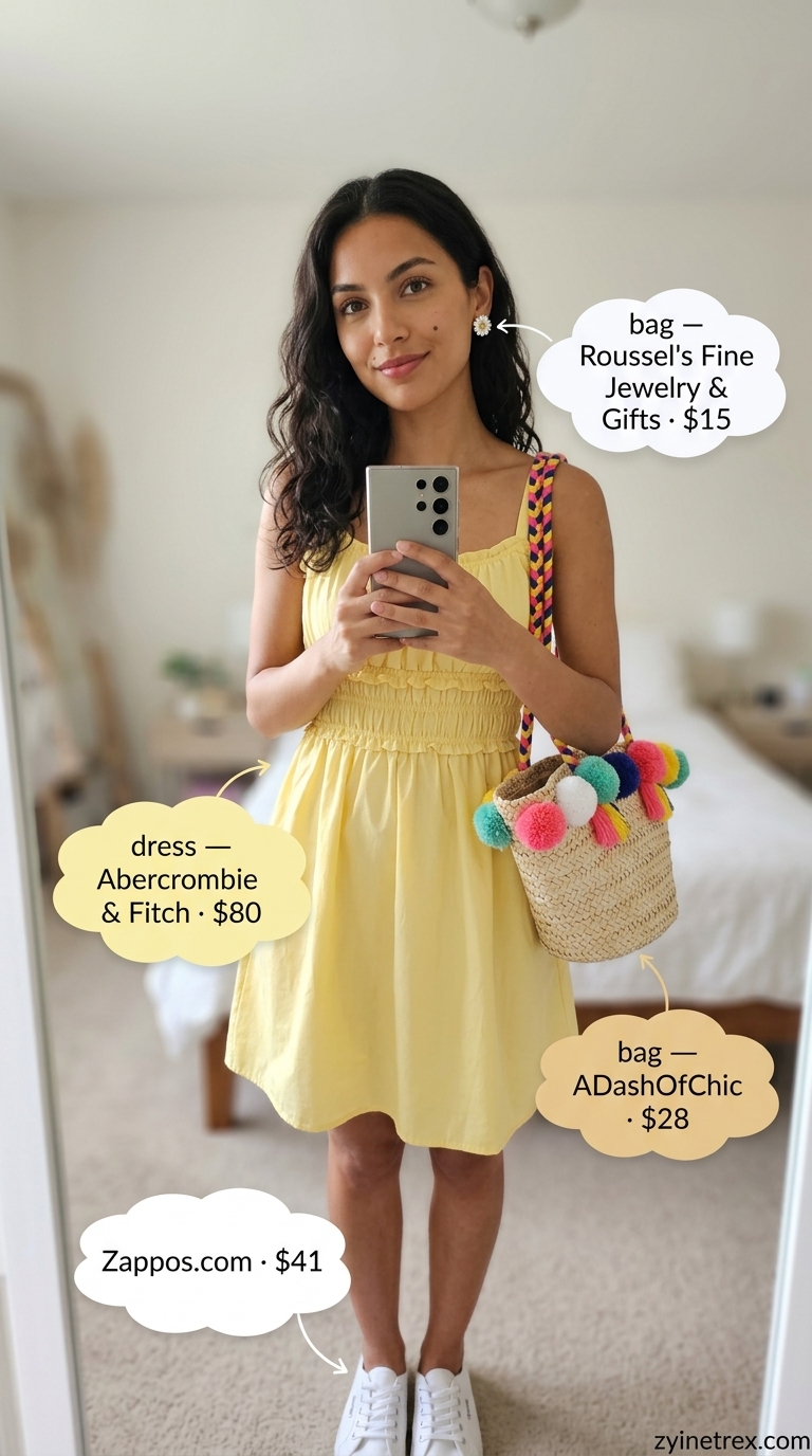 Sweet Summer Day outfit: Pastel yellow sundress, white sneakers & straw bag. Best summer must have outfits for women 2026.