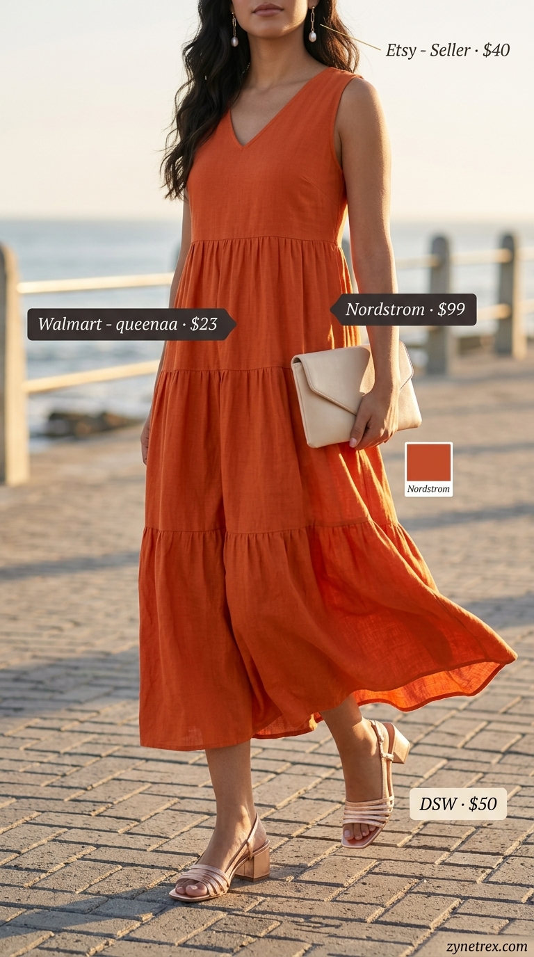 Terracotta maxi dress, rose gold sandals, gold earrings, and cream clutch: best summer must have outfits for women 2026.
